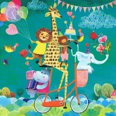 Postkarte Giraffe mit Freunden auf dem Fahrrad