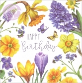 Postkarte Happy Birthday, Frühlingsblumen