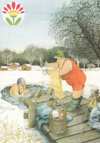 Postkarte Frauen baden im Eisloch