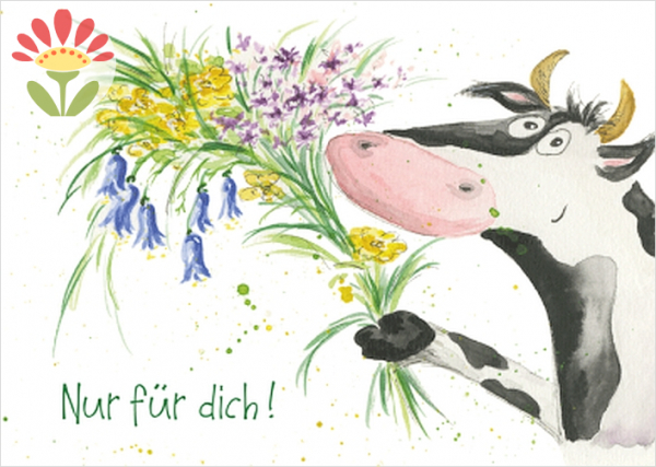 Postkarte Nur für dich, Kuh mit Blumenstrauß