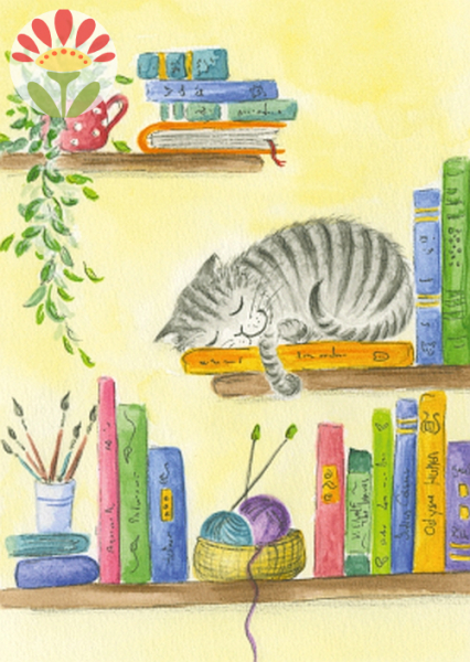 Postkarte Katze im Bücherregal