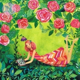 Postkarte Lesendes Mädchen im Rosengarten