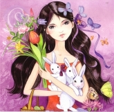 Postkarte Mädchen mit Hasen und Frühlingsblumen