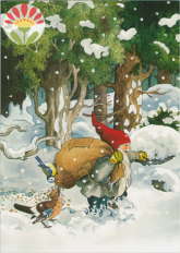 Postkarte Zwerg mit Vogelfutter im Schnee