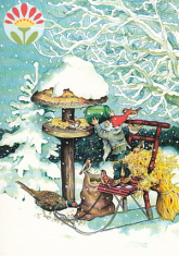 Postkarte Zwerg füttert Vögel im Schnee