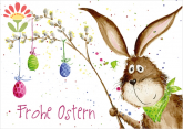 Postkarte Frohe Ostern, Osterhase mit Zweig